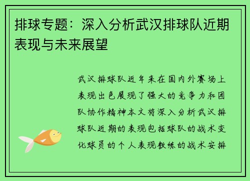 排球专题：深入分析武汉排球队近期表现与未来展望